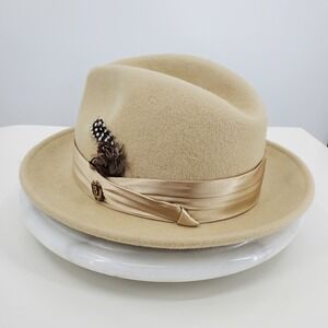 Bruno Capelo Mens Tan 100% Australian Wool Felt Fedora Hat Feather Large Giovani
